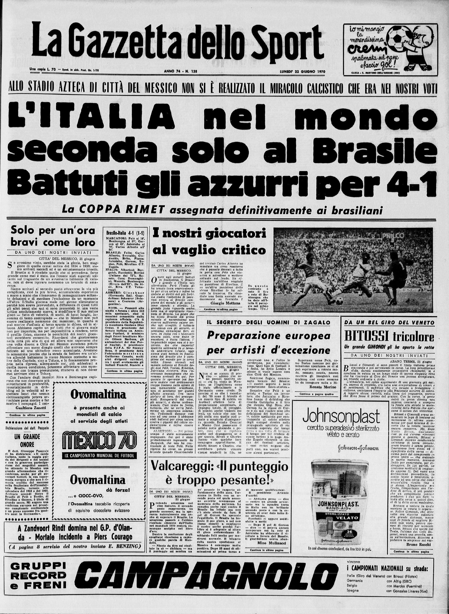 Gazette Dello Sport 26 Juin 1970 Pelizzaro - Zagalo Brésil - Eddy